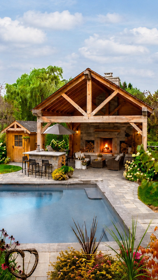 Luxury pool, pavilion, and outdoor living space by Headwaters Landscape Design & Construction